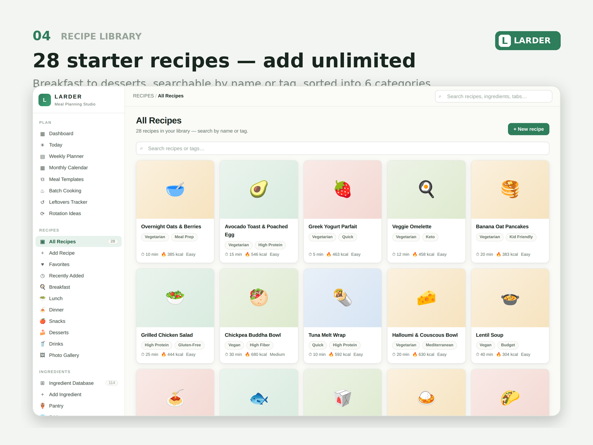 Recipe library with 28 starter recipes