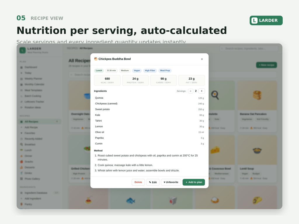 Recipe view with scaling servings