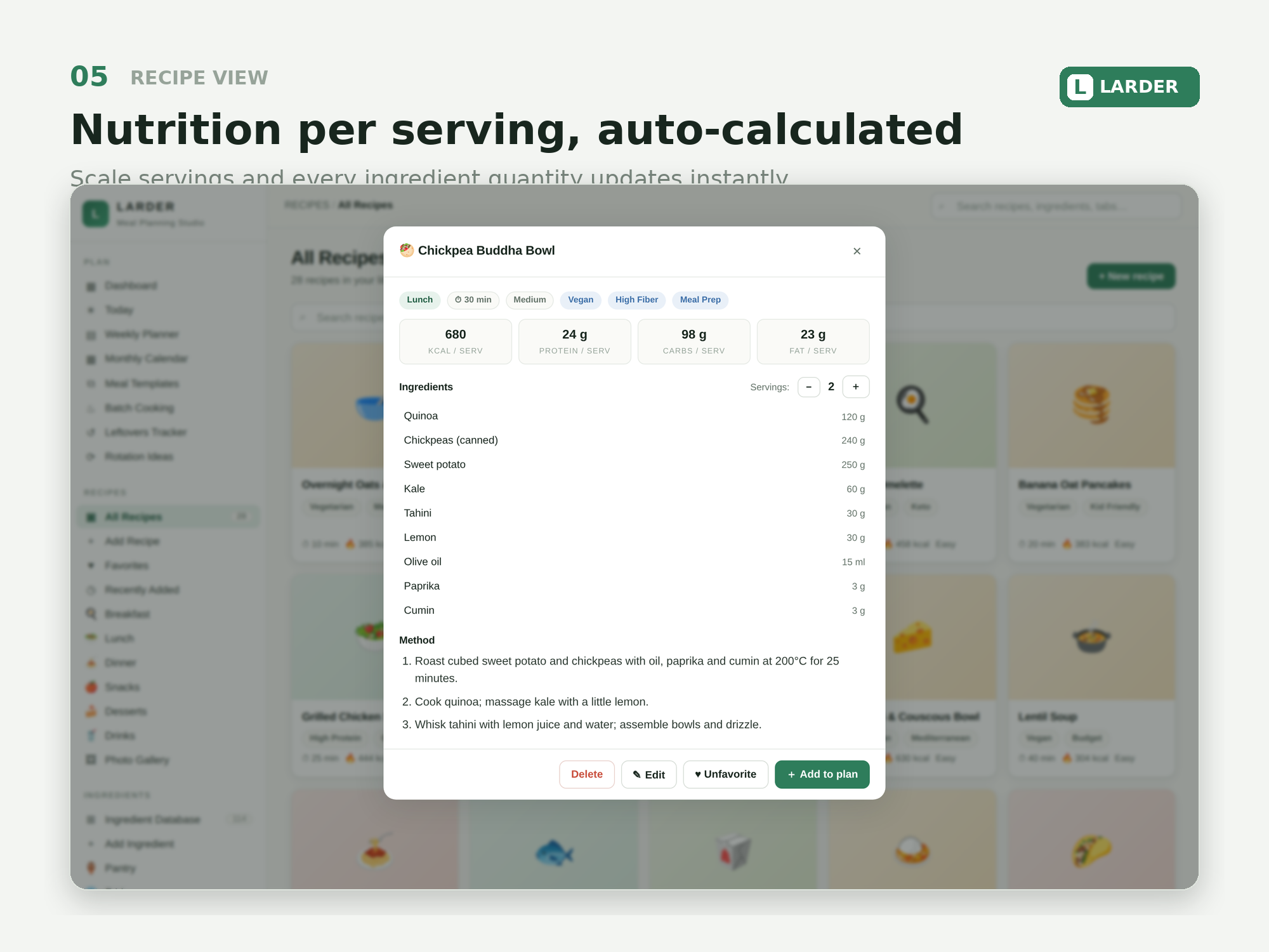 Recipe view with scaling servings