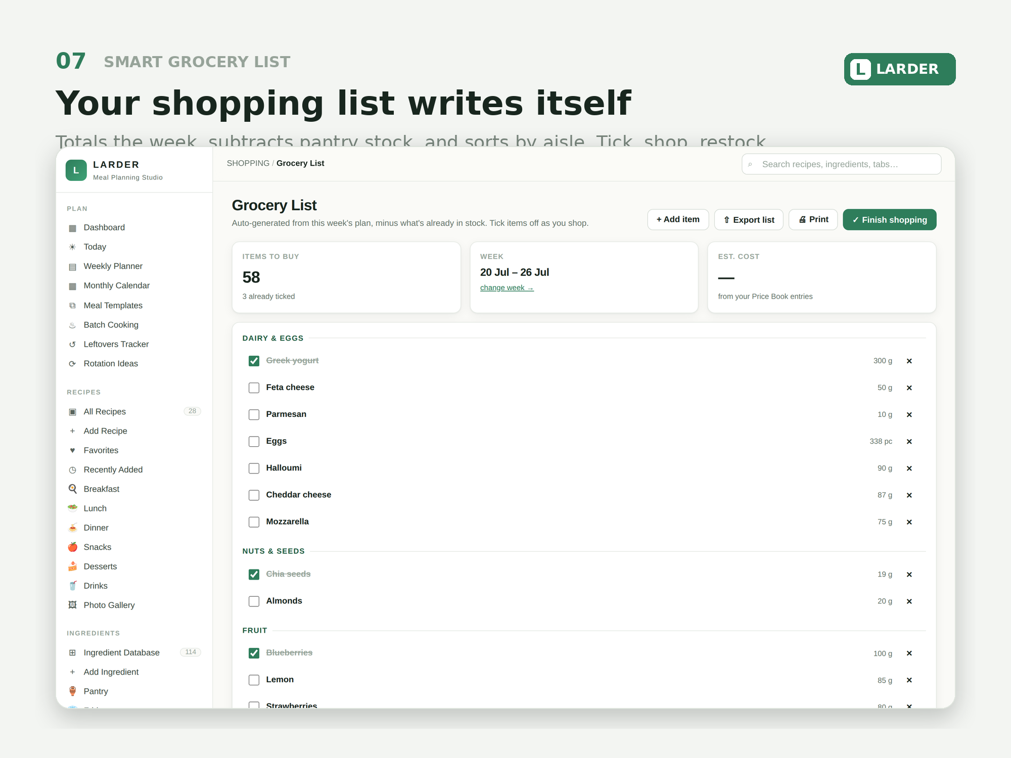 Smart grocery list sorted by aisle with pantry stock subtracted