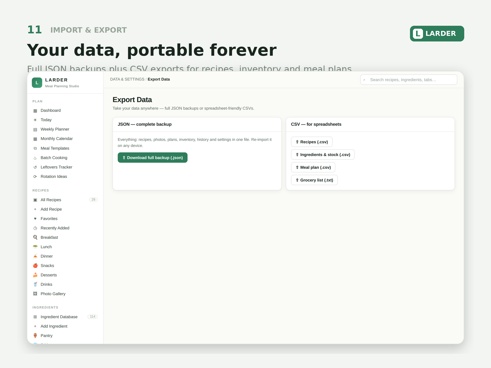 JSON and CSV import and export