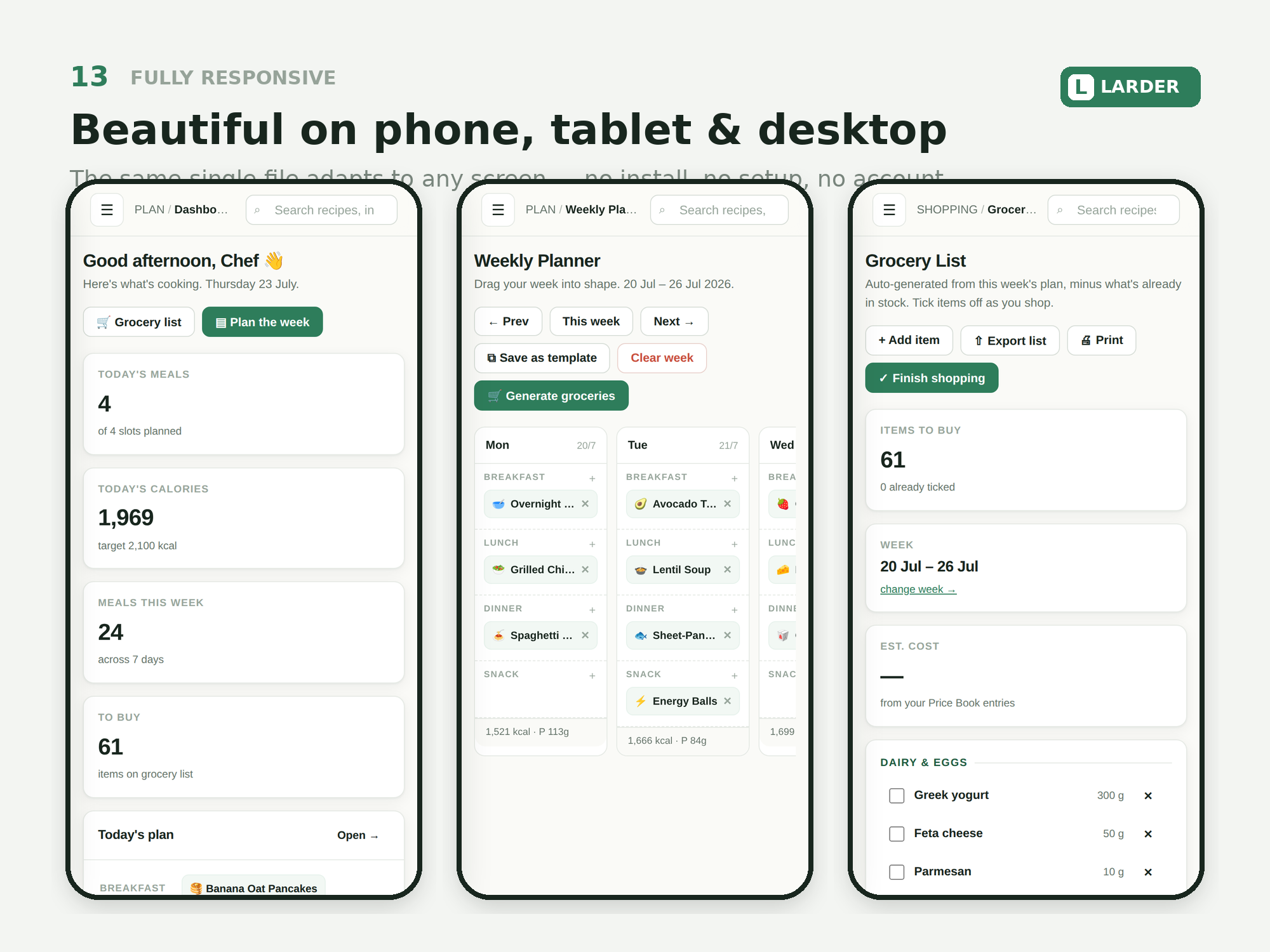 Fully responsive — works on desktop, tablet and phone