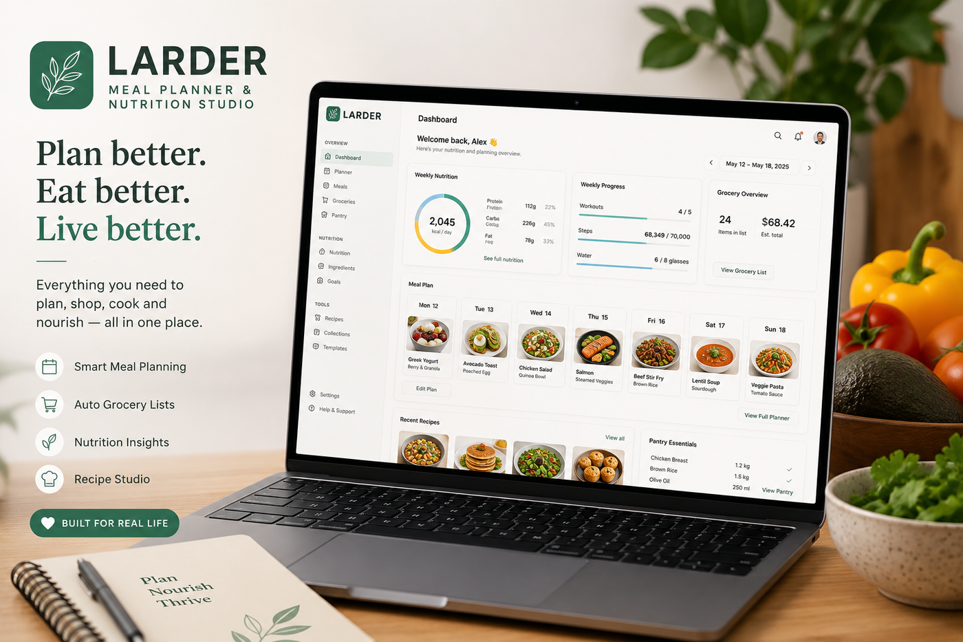 LARDER meal planner and nutrition studio — dashboard on a laptop in a kitchen